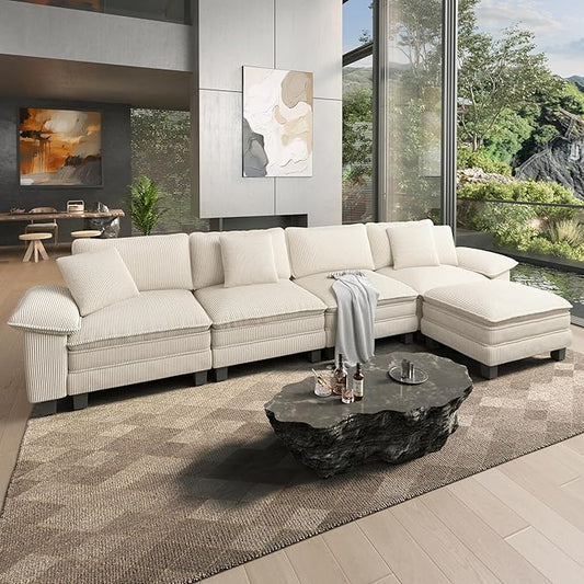HERA'S HOUSE 158" Modular Sectional Sofa, Oversized L Shaped Couches for Living Room, Comfy Cloud Couch with Ottoman, 5-Seater Deep Seat Sofa with Throw Pillow, Corduroy Beige