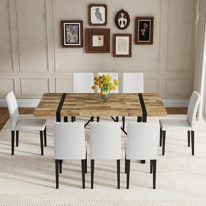 Dining Table Set for 6，Dinner Table Set for 6，71'' Kitchen Table and PU Leather Chairs Set of 6，6 Chair Dining Table Set for Kitchen Dining Room