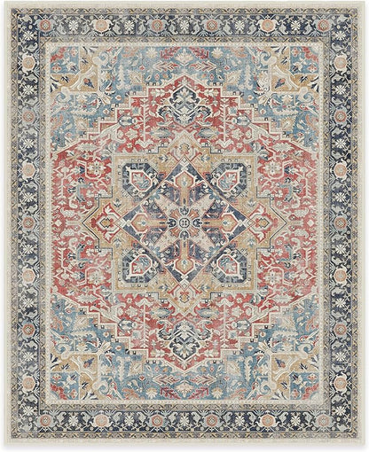 RUGGABLE Washable Vintage Area Rug – Kamran Cayenne Red 8x10, Stain-Resistant, Non-Slip – Large Machine Washable Rugs for Living Room, Bedroom, Hallway, Entryway & Office–with Cushioned Pad