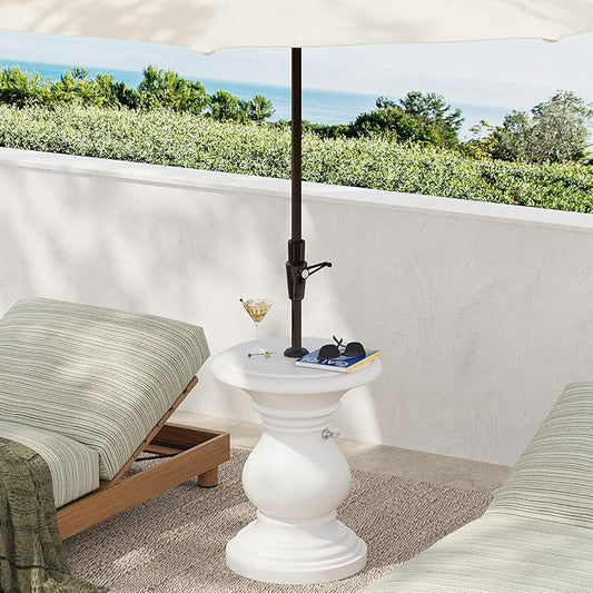 Christopher Knight Home Oriana MGO Outdoor Patio Side Table Umbrella Base, Heavy Duty Patio Umbrella Stand Outdoor Base with Hand-Turn Tightening Knob, Lounger Small Patio Coffee Table, White
