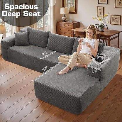 106" Cloud Sectional Couch with Chaise Lounge,L Shaped Modular Modern Sofa,Comfy Corduroy Fluffy Couches with Deep Seat,No Assembly Required Couch for Living Room(Right,Stripe Corduroy,Gray)