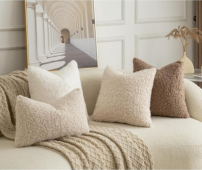 Pack of 2 Curly Teddy Wool Faux Fur Throw Pillow Covers Fuzzy Accent Soft Sherpa Pillowcases Sheepskin Fleece Decorative Cushion Case for Sofa Couch Living Room 18x18 Inch Neutral White