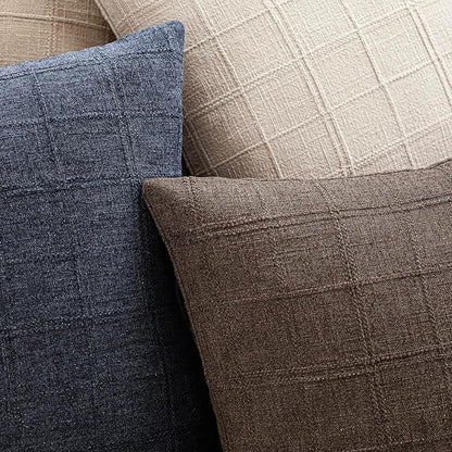 Foindtower Set of 2 Decorative Linen Check Throw Pillow Covers Neutral Farmhouse Vintage Cushion Covers Modern Boho Home Decor for Sofa Chair Couch Bedroom Living Room,22×22 Inch,Dark Brown