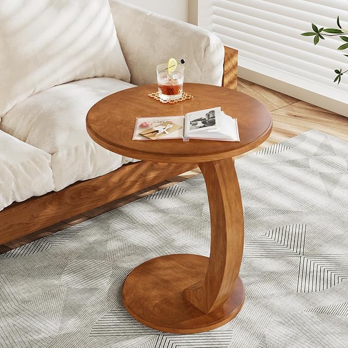 Tribesigns C-Shaped End Table Set of 2, Wooden Round Side Sofa Table, Couch Side Table, Mid-Century Modern End Table, Small Side Table, Boho Side Tray Table for Living Room, Brown