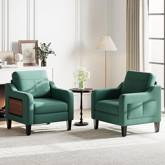 Accent Chair for Living Room Modern Linen Upholstered Armchair Side Wooden Fabric Sofa Chair with Foldable Table 2 Side Pockets Comfy Reading Chair for Bedroom