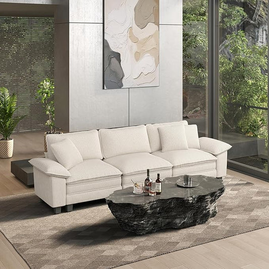 HERA'S HOUSE 124" Modular Sectional Sofa, Oversized Couches for Living Room, Comfy Cloud Couch 3-Seater Deep Seat Sofa with Throw Pillow, Corduroy Beige