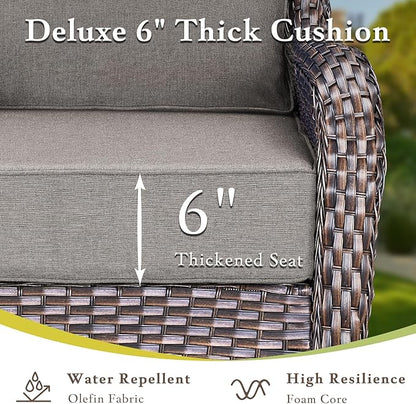 Luxury High Back Outdoor Furniture with 6-inch Extra Thick Cushions, Patio Furniture Set with Swivel Chairs, 8 PCS Wicker Conversation Set for Yard, Deck, Poolside, Brown/Grey