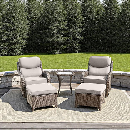 Luxury Outdoor Furniture Set with 6-Inch Thick Cushions, High Back Swivel Patio Chairs with Ottomans & Side Table, Wicker Outdoor Swivel Chairs Set for Porch, Yard, Deck, Poolside, Brown/Beige