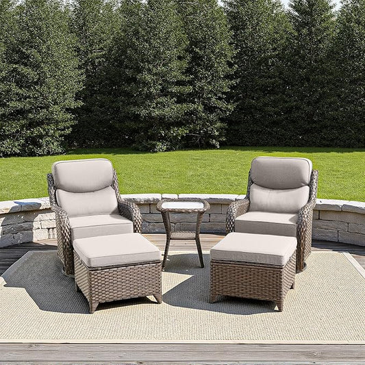 Luxury Outdoor Furniture Set with 6-Inch Thick Cushions, High Back Swivel Patio Chairs with Ottomans & Side Table, Wicker Outdoor Swivel Chairs Set for Porch, Yard, Deck, Poolside, Brown/Beige