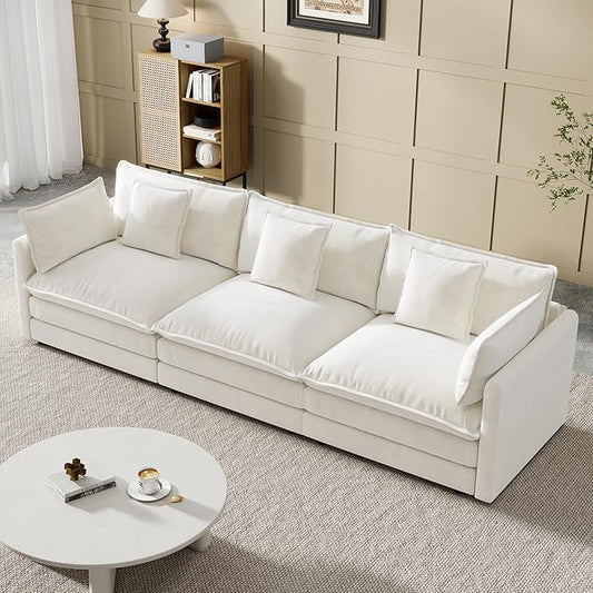 Modular Sectional Sofa, 111.5 Inch I-Shaped Cloud Sofa with Deep Seat Chenille Sofa with Cushions, Three-Self Sectional Sofa for Living Room Apartment,White