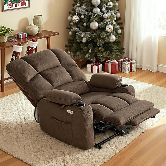 MCombo Oversized Dual Motor Power Lift Recliner Chair Sofa with Massage and Heat for Big Elderly People, Infinite Position, USB Ports, Fabric R7688 (Brown, Large-Oversize)