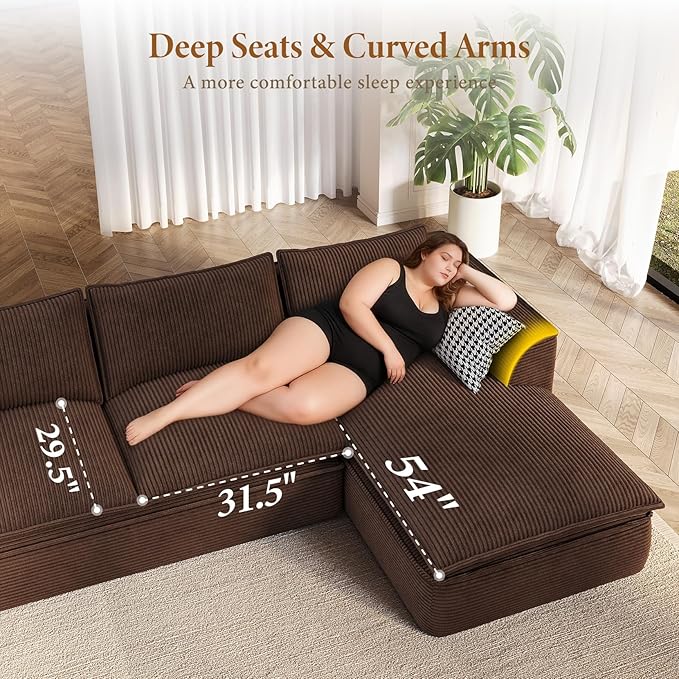 Vesgantti 141.7" U Shaped Boneless Sectional Couch, Modern 6 Seater Modular Sofa with Chaise & Ottoman, Deep Seat Corduroy Cloud Couches for Living Room, No Assembly Required, Dark Brown