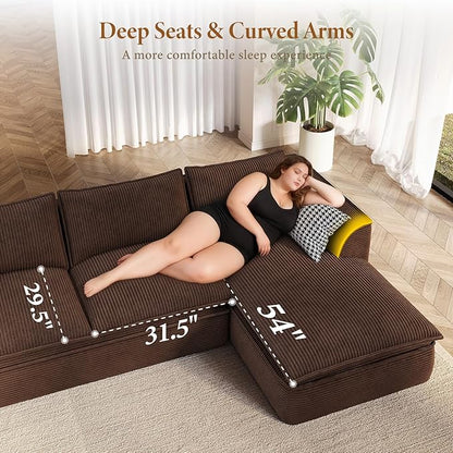 Vesgantti 141.7" U Shaped Boneless Sectional Couch, Modern 6 Seater Modular Sofa with Chaise & Ottoman, Deep Seat Corduroy Cloud Couches for Living Room, No Assembly Required, Dark Brown