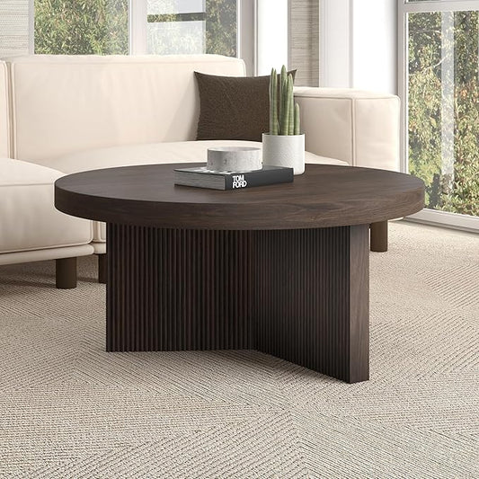 Henn&Hart 32" Fluted Round Low-Profile Coffee Table with Ribbed Pedestal Base Living Room, Family Room, Office, or Apartment, Alder Brown