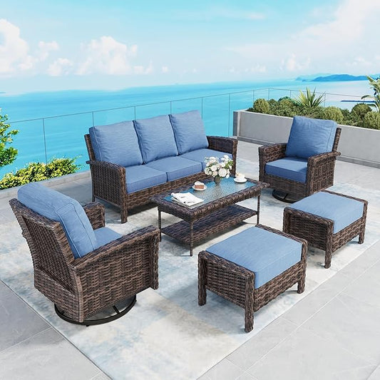 6 Piece Patio Furniture Set with Swivel Chairs, High Back Wicker Rattan Sofa with Extra Thick Cushion, Coffee Table and Ottoman, Outdoor Conversation Set for Backyard Deck, Blue