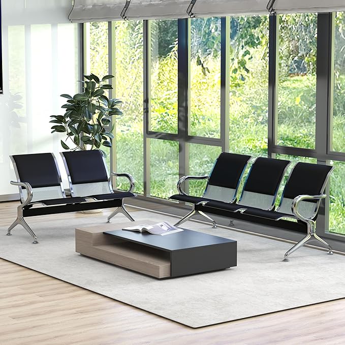 Kinsuite 5-Seat PU Leather Reception Bench - 2pcs Waiting Room Chairs with Arms & Non-Slip Foot Mats, Reception Chairs Guest Chair for Office Airport Bank Salon, Black