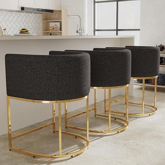 Linen Bar Stools Set of 3, 24" Contemporary Upholstered Fabric Counter Height Bar Stools Kitchen Counter Island Stools Barstools with Golden Metal Base, Charcoal