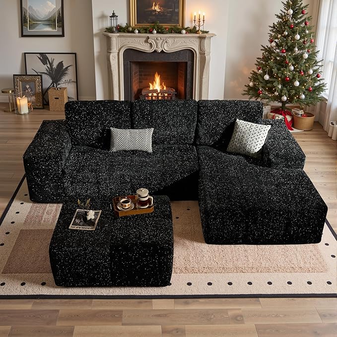 114" Glitter Cloud Sectional Couch with L-Shape Chaise & Ottoman, Modern Boneless Couches for Living Room, Fluffy Tufted Deep Seat Modular Sofa No Assembly (Black Sparkly Velvet,Right Facing)