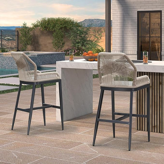 PURPLE LEAF 4 Pieces Bar Stools Patio Modern Rattan Barstools Aluminum Woven Tall Bar Chairs with Cushions for Outdoor Kitchen Island Garden