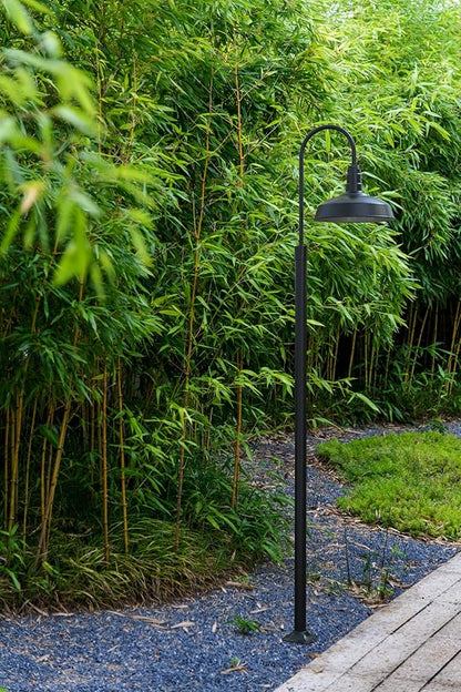 Steel Lighting Co. Gardena Barn Light | Outdoor Pole Top Mounted | 16" Dome | Upslope Gooseneck with Slip Fitter for 2-3/8" Standard Poles | Made in America | Matte Black Exterior/Matte Black Interior