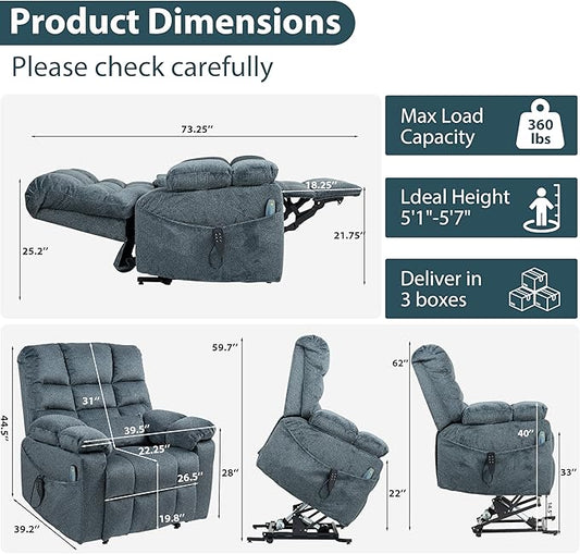 Oversized Zero Gravity Power Lift Recliner Chair for Elderly Adults Big Man Electric Lay Flat Recliner Triple Motor with Heat and Massage, Adjustable Seat Height, Arm Storage, Cup Holder