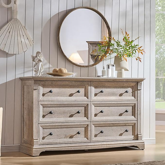 Farmhouse 6 Drawers Dresser for Bedroom, 54" Wide Large Dressers & Chests of Drawers w/Roman Column, Wooden Dresser TV Stand with Large Drawers for Nursery Bedroom Living Room Hallway,Light Rustic Oak