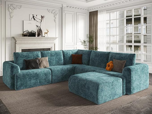 EASE MOOSE Boneless Modular Cloud Couch, Oversized U-Shaped Sectional Sofa for Living Room with Ottoman, Extra Large Movable Couches, 6-Deep-Seat Sofas for Bedroom, Apartment, Chenille (Blue)