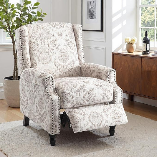Pushback Recliner Chair, Floral Fabric Wingback Recliner Chair, Upholstered Armchair Push Back Recliner, Rivet Trim Single Sofa Accent Chair with Wood Legs for Living Room, Beige