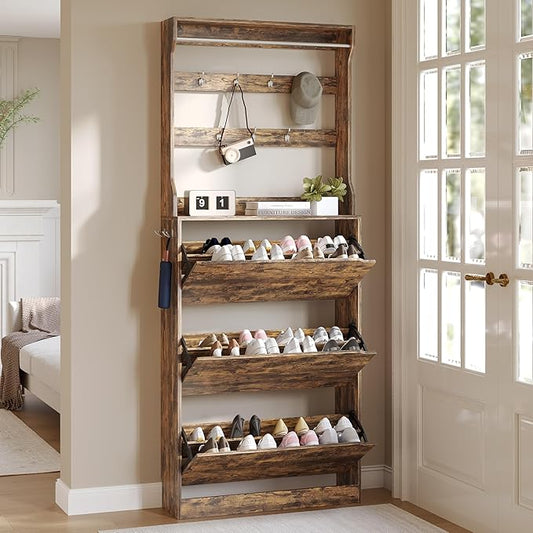 Tall Shoe Cabinet with Coat Rack, Hidden Shoe Storage Cabinet with Doors & Drawer, Hanging Bar & Hooks, Slim Narrow Freestanding Shoe Rack Organizer for Entryway, Hallway & Living Room, Brown