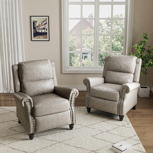 Pushback Recliner Chairs Set of 2, Faux Leather Wingback Recliner Chair, Upholstered Armchair Push Back Recliner with Wood Legs, Rivet Trim Single Sofa Accent Chair for Living Room, Bedroom, Gray