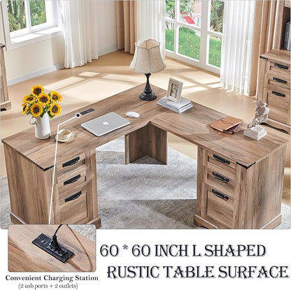 RedLemon 60" Farmhouse L Shaped Executive Desk with Drawers, Wood Home Office Corner Desk with Charging Station, File Drawer, Storage Cabinet, Rustic Computer Writing Desk (Natural Oak)