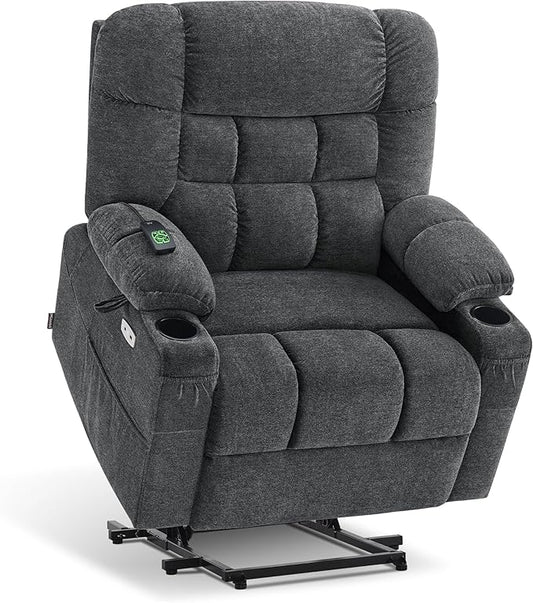 MCombo Dual Motor Power Lift Recliner Chair with Massage and Dual Heating for Elderly, Lay-Flat for Sleeping, Extra Wide for Big and Tall, Fabric R7070 (Dark Grey)