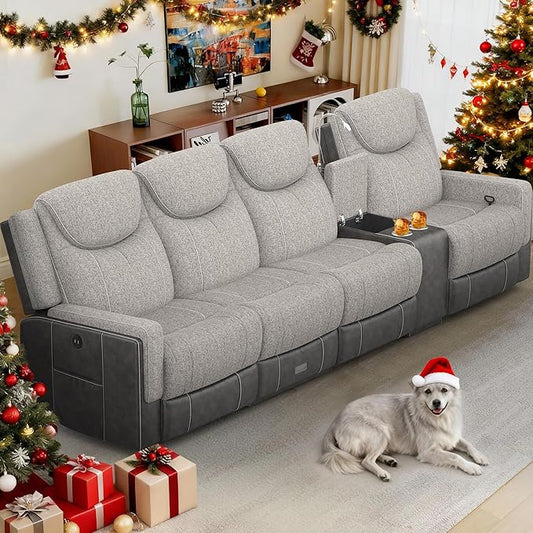 4 Seat Recliner Sofa, 2 - Way Multi - Function Manual 4 Seater Recliner Couch with Cup Holders, Storage & USB Ports, Luxury Large Linen & Leather Blend Reclining Sofa for Living Room