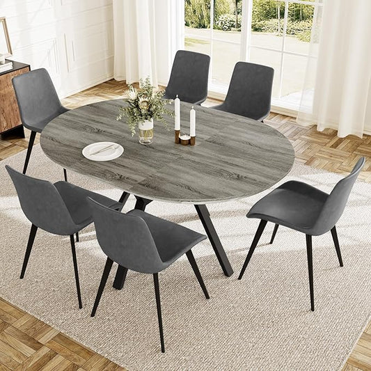 Extendable Round Dining Table Set for 6 People, 43.3"-59.1" Extendable Kitchen Table with 6 Upholstered Chairs, Space Saving for Kitchen Dining Room (Grey Table+6 Grey Chairs)