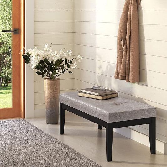 SIMPLIHOME Lacey 41 inch Wide Contemporary Rectangle Tufted Ottoman Bench in Distressed Grey Taupe Vegan Faux Leather, Assembled, For the Living Room and Bedroom