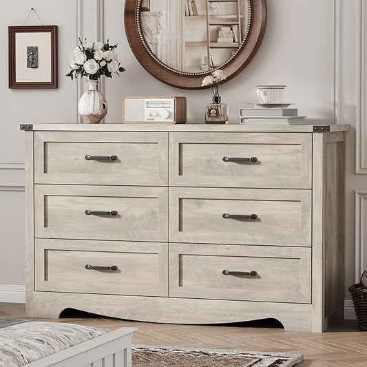 Dresser for Bedroom with 6 Drawers, 54" Wide Wood Chest of Drawers with Deep Drawers & Mental Handle, Modern Dresser TV Stand, Wooden Closet Storage Organizer for Living Room, Hallway, Entryway, Grey