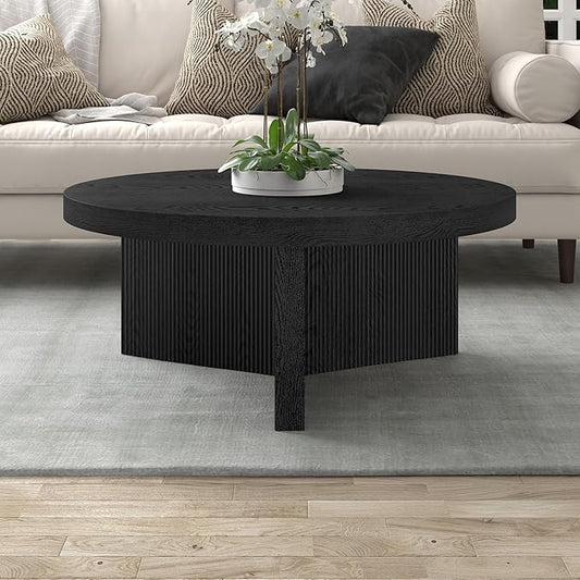 Henn&Hart 36" Fluted Round Low-Profile Coffee Table with Ribbed Pedestal Base for Living Room, Family Room, or Office, Black Grain