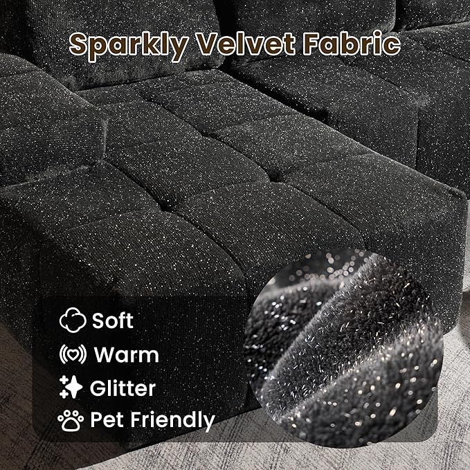 114" Glitter Cloud Sectional Couch with L-Shape Chaise & Ottoman, Modern Boneless Couches for Living Room, Fluffy Tufted Deep Seat Modular Sofa No Assembly (Gray Sparkly Velvet,Left Facing)