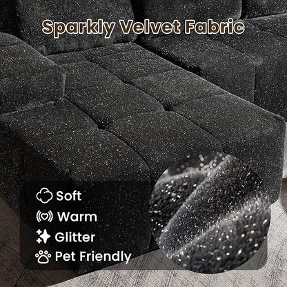 114" Glitter Cloud Sectional Couch with L-Shape Chaise & Ottoman, Modern Boneless Couches for Living Room, Fluffy Tufted Deep Seat Modular Sofa No Assembly (Gray Sparkly Velvet,Left Facing)