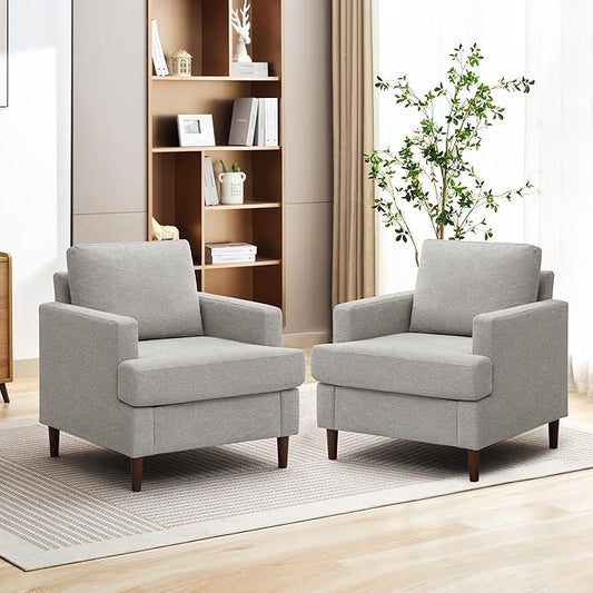 Mid-Century Accent Chair,Modern Linen Fabric Armchair for Living Room,Comfy Upholstered Reading Accent Chairs for Bedroom,Single Sofa Chair with Wood Legs (Light Grey, 2 Pack)