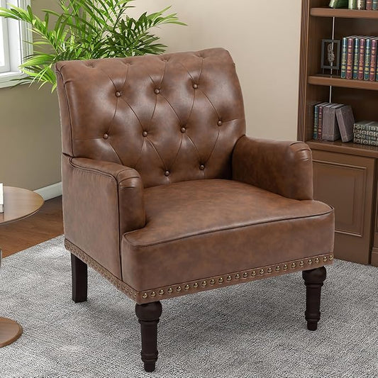 Pia Ricco PU Leather Accent Chair: Modern Nailhead Trim Armchair with Wooden Legs - Upholstered Reading Seat for Office, Living Room, Bedroom-Brown
