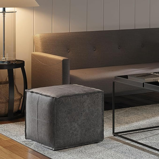 SIMPLIHOME Brody 18-inch Wide Square Pouf in Distressed Black Vegan Faux Leather, Boho-Style Ottoman, Footstool or Extra Seating for Living Room, Assembled