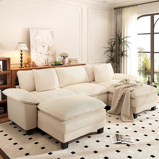 PHI VILLA Cloud Modular Couch Sets, 123.6" Sectional Sofa with U-Shaped Chaise Ottoman, 5-Seater Couches with Upholstered Deep Seat for Living Room, Chenille Corduroy Dual Fabric, Beige