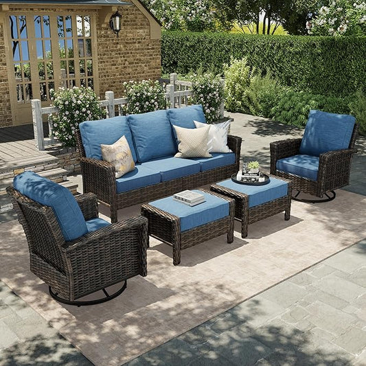 HERA'S HOUSE Wicker Patio Furniture Set, 35" High Back Swivel Chairs with 5.5" Thick Cushions, 5 Pieces Outdoor Seating Furniture, Deck Conversation Set with Ottomans for Lawn Yard Porch, Blue