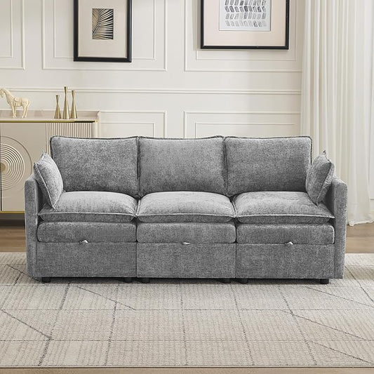 80" Cloud Modular 3 Seater Sofa with Storage, Modern Upholstered Storage Sofa Couch Deep Seat, Sectional Sofa Chenille Comfy Couch with Armrests for Living Room, Small Space, Light Grey