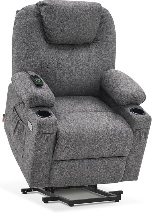 MCombo Small Power Lift Recliner Chair for Elderly, Petite Power Lift Chair with Heat and Massage for Seniors, Cup Holders, USB & Type C Ports, Fabric 7141 (Grey)
