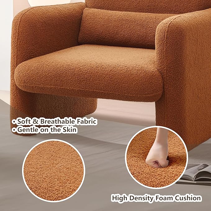 Modern Accent Single Sofa Chair with Arms, Lamb Fabric Upholstered Comfy Reading Arm Chair for Bedroom, Living Room-Beige