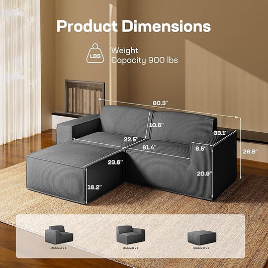 Marsail Modular Sectional Sofa, 80" L-Shaped Modular Sectional Couch with Deep Seat, Freely Combinable Sectional Clound Sofa for Living Room, No Assembly, Plush Corduroy Fabric, Grey
