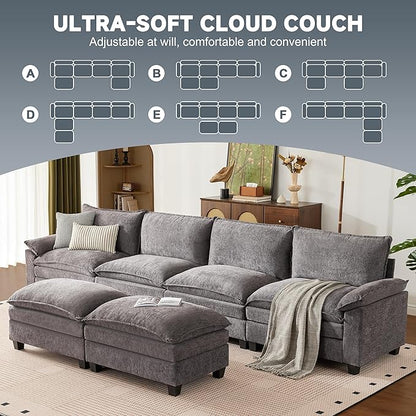 147 Inch Big Comfy Couch with Ottoman, 6 Seat U Shaped Couches, Cloud Modular Sectional Sofa, Modern Cloud Couch Sectionals, Sectional Couches for Living Room, Oversize Deep Seat Sofa, Grey