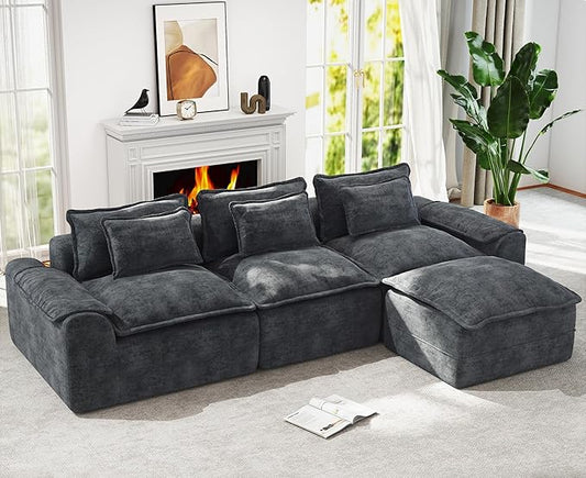 Hobestluk 120" Cloud Modular Sectional Couch 3-Seater Sofa with Ottoman L Shaped Sofa with Removable Cover Large Sofa Couch for Living Room (Blue Grey, 3-Seater Sofa with One Ottoman)